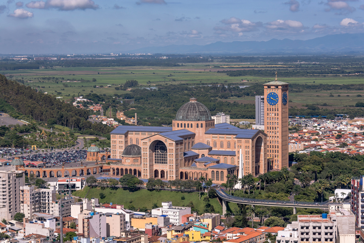 Aerial view of the city of Aparecida do Norte with the Cathedral of Our Lady Aparecida, Aparecida do Norte, Sao Paulo, Brazil - Basílica de Nossa Senhora Aparecida